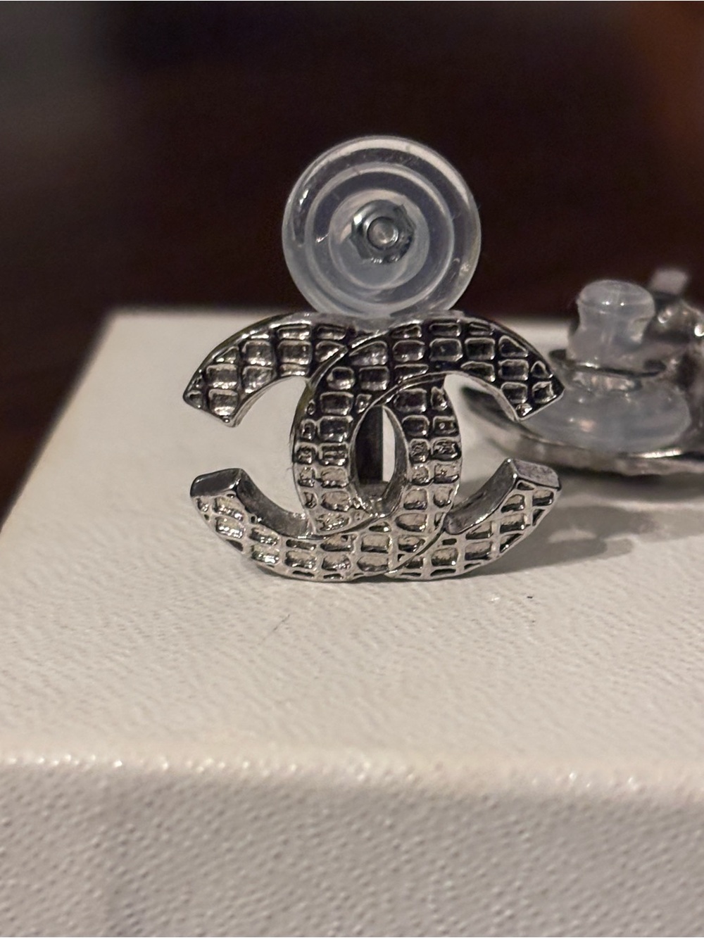 CHANEL Silver Quilted CC Logo Stud Earrings w/COA - Picture 3 of 11